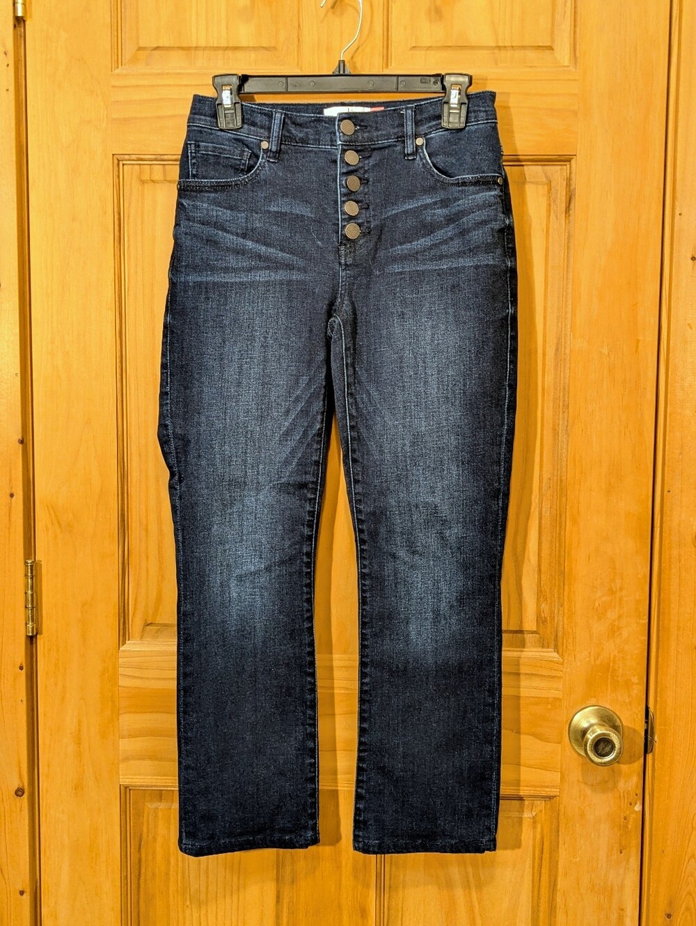 CAbi Jeans Button Fly Straight Leg Denim Blue Sz 2 Mid Rise Chic Boho Stretch